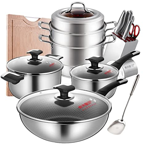 BONOOL Wok-Küchen-Edelstahl-Topf-Set-Set-Kochgeschirr-Non-Stick-Induktionskocher Universal-Full-Set Kochgeschirr-Kit. (Color : A, Size