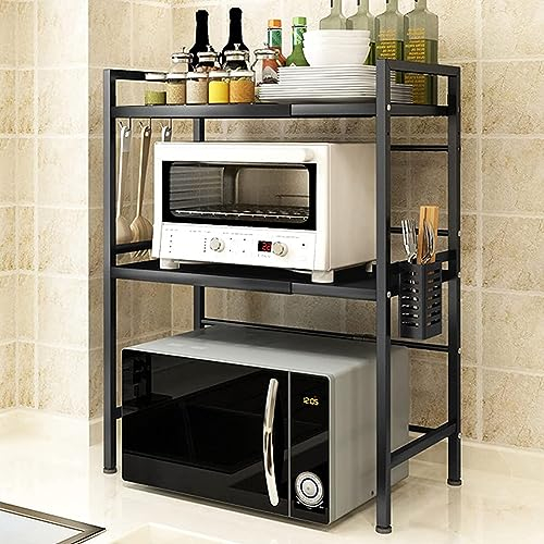 Willonin Mikrowellen Regal, Ofengestell, Ausziehbares Mikrowellenregal mit Hängenden Haken Mikrowellenständer mit Aufbewahrung für Küchentheke Organizer, Kohlenstoffstahl (Schwarz)