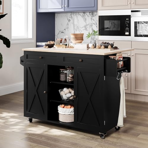 HOLTICO Kitchen Island on Wheels, Kitchen Trolley With Worktop Storage Islands & Carts Rolling Kitchen Island Cart With Drop Leaf Countertop Vegetable Rack on Wheels,Black