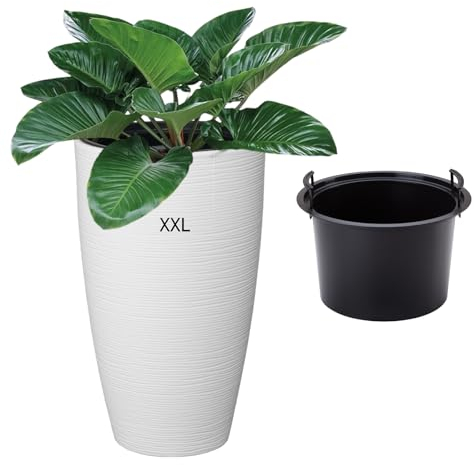 Blumenkübel Blumentopf Pflanzkübel mit Herausnehmbaren Einsatz Rund horizontale Streifen (Weiß, XXL-58cm)