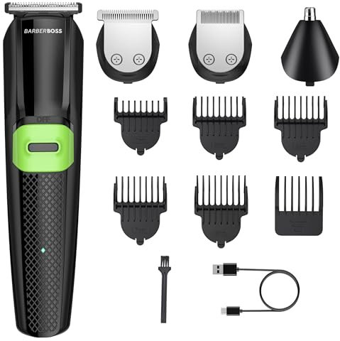 BarberBoss Kit de cuidado personal todo en uno para hombre: recortadora de barba, cortadora de pelo, recortadora de nariz, cuidado facial y corporal, inalámbrica y recargable
