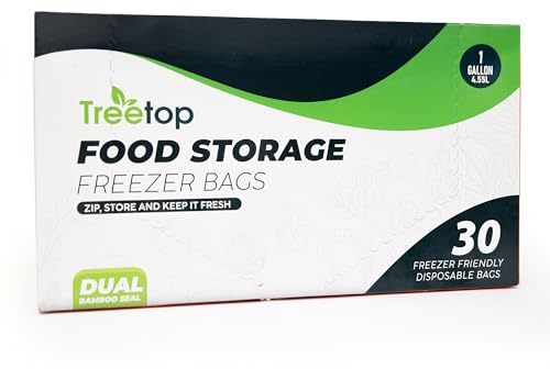 30 x TreeTop Freezer Bags 4.55Ltr 1 Gallon, Reusable and Easy to Open Airtight Zip Lock Bags, Large Ziplock Bags for Food Storage, BPA-Free Leakproof, Ideal food bags for Fruits, Vegetables and Meat