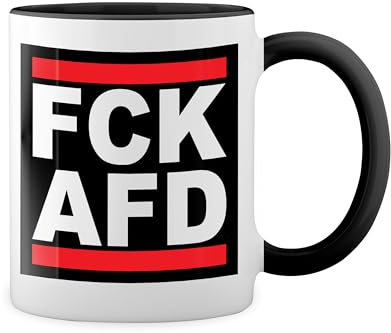 Fck Afd Bausa Fun Lustige Trend Weiße Tasse Mug mit schwarzen Felgen & Griff