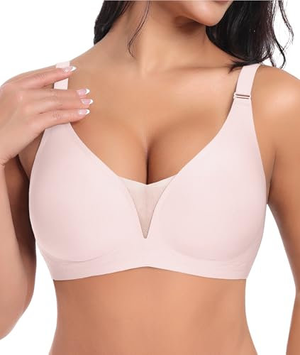Ganado Soutien Gorge sans Armature Femme Brassière Push up Dentelle Col en V Profond Brassiere Classiques Bralette sans Coutures Coton, Rose, M