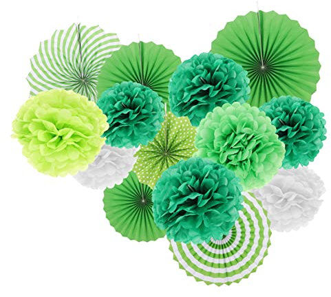 COLLBATH 14-teiliges Satz Mit Papierfächern Und Pompons Party-Dekoration Für Geburtstag Und Feier Grüne Luftschlangen-Dekoration Für Klassenzimmer Und Festivitäten