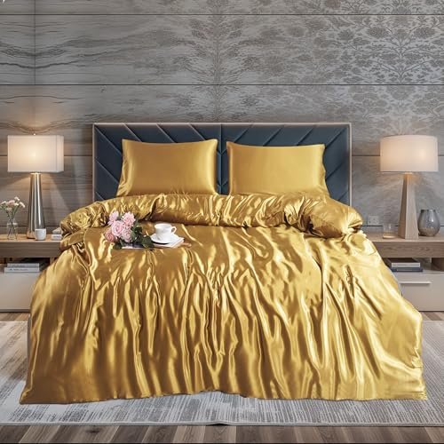 ZIMEL HOMES 3 piece-Satin Duvet Cover Set Soft bedding shiny silky bedding sets - duvet cover, 2 pillowcases (Dull-Gold, King (U.K. Standard))