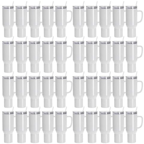 40 Oz Sublimation Tumblers Blank with Handle | Stainless Steel Insulated White Travel Mug Bulk with Straw & Lid | Customisable Thermal Cup for Hot & Cold Drink | Heat Press & DIY Crafting (40-Pack)