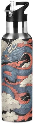 Niigeu Animale Drago Giapponese Vintage Bottiglia Acqua Acciaio Inox, Isolato Borraccia Termica Senza BPA per Bevande Calde e Fredde per Bambini Sport Ciclismo Scuola (600ml/1L)