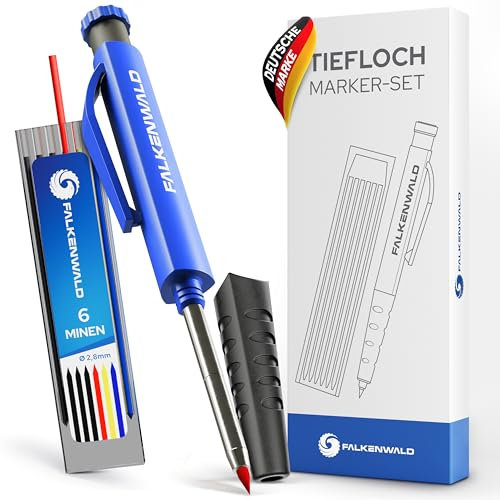 FALKENWALD® Tieflochmarker Bleistift [ + 7 Minen + Spitzer + Schreibgriff ] - Zimmermannsbleistift zum Markieren auf Stein Holz Metall Beton - Baustellen bleistift - Tischler Werkzeug