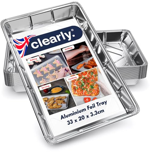 Clearly 25 Extra Large Aluminium Foil Trays for Baking, 32cm x 20cm x 3.3cm BBQ Containers, Roasting, Storing Tray Grilling & Food Storage Freezer, Microwave & Oven Safe
