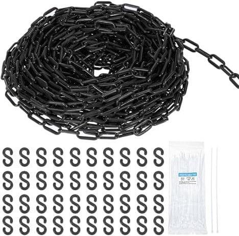 sourcing map Plastic Chain 200 FT/61 M, Safety Chain Black Plastic Chain Link Barrier with Zip Ties and S-Hooks for Crowd Control Queue Line Fence Decoration