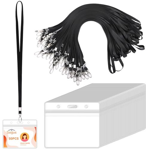 Segus Porte Badge Tour de Cou, 50 Pièces Tour de Cou Porte Clé avec Porte Badge Horizontal, Transparent et Imperméable, Cordon Tour de Cou avec Clip en Métal, pour Infirmiere, Enseignants (Noir)