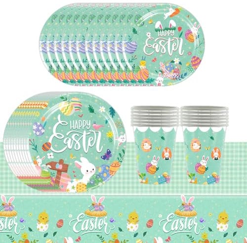 37 pcs Easter Party Tableware Set，Easter Egg and Rabbit Table Decorations，Kids Birthday Party Tableware Set，Easter Party Supplies Plates Paper Tablecloth