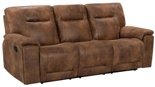 Lovesofas Brown Tan Faux Leather 3 Seater Recliner Sofa with Cupholders – Manual Reclining Sofa 3 Seater for Living Room, Gaming Couch & Home Cinema Seating