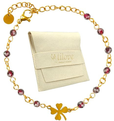 Bracelet en Pierre Naturelle de Grenat Rouge, Lithothérapie pour Femme avec Trèfle Porte Bonheur en Acier Inoxydable. Conçu en France. Bracelet Chakra Bien Être. Idée Cadeau Femme - TILOVE