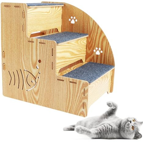 Escalera para mascotas, 3 peldaños, de madera natural, 35 cm, estable y antideslizante, para perros pequeños, medianos y grandes