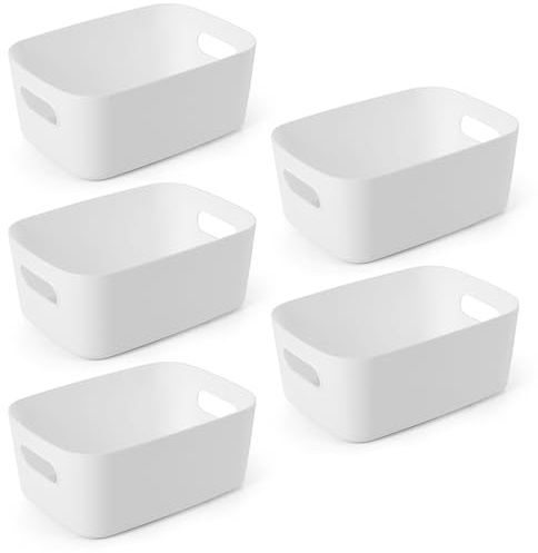 Vencier Plastic Storage Baskets 5 Pack | Compact Storage Containers | Small Storage Boxes with Durable Handles | Multi-Use Baskets for Bathroom, Kitchen, Bedroom (White)