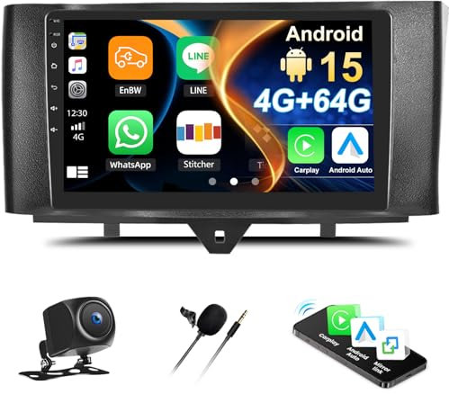 Android 15, 4G+64G 8-Kern CAMECHO Qualcomm Autoradio für Mercedes Benz Smart Fortwo W451 2011-2015 Carplay Android Auto, 9 Zoll Auto Bildschirm 2Din mit GPS WiFi BT FM/RDS DSP SWC Rückfahrkamera+MIC