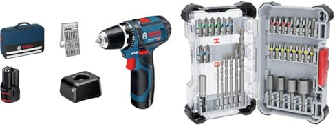 Bosch Professional 12V System Akku Bohrschrauber GSR 12V-15 (inkl. 2x 2.0Ah Akku, Ladegerät, 25-tlg.-Bit-Set) + 35x Extra Hard Schrauberbit‑ und CYL-3 Bohrer-Set, 35‑tlg. (197 x 110,5 mm, Zubehör)