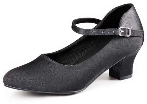 ARCLIBER Character Shoes Women's Ballroom Shoes Satin Pumps Ankle Strap 1.55 Modern Dance Heels for Salsa Tango Flamenco Latin, Satin Black, 4 UK