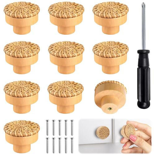 NINGYER 10 Pièces Boutons de Meuble en Rotin con 10 Vis et 1 Tournevis, 4 x 3 cm Bouton de Meuble Bois, Poignée Meuble Bohème Poignée pour Armoires, Tiroirs, Salons, Cuisines