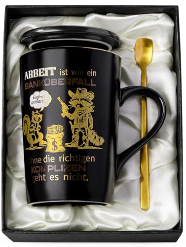 Abschiedstasse Kollegen, lustiger Spruch, 400ml schwarze Kaffeetasse | 14oz lustige Kollegen-Abschiedstasse, spülmaschinenfest, Set mit Deckel Löffel & Seidenbox, guter Kundenservice