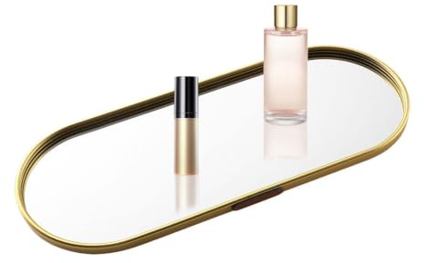 Genérico Bandejas De Espejo para Tocador, Bandeja Dorada con Espejo, Ovalada Metal Tocador | Organizador Maquillaje Perfume Joyería Multiusos, Baño, Dormit