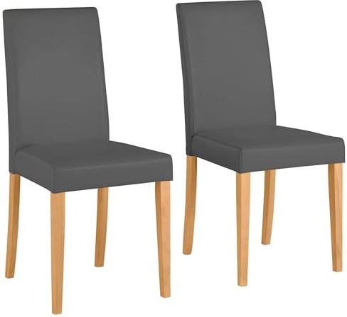 Lucca Esszimmerstuhl 2er Set, Kunstleder Grau, gepolsterter Essstuhl mit Beinen aus Kiefer Natur, moderner Küchenstuhl für Esszimmer und Wohnzimmer, 43 x 57 x 94 cm