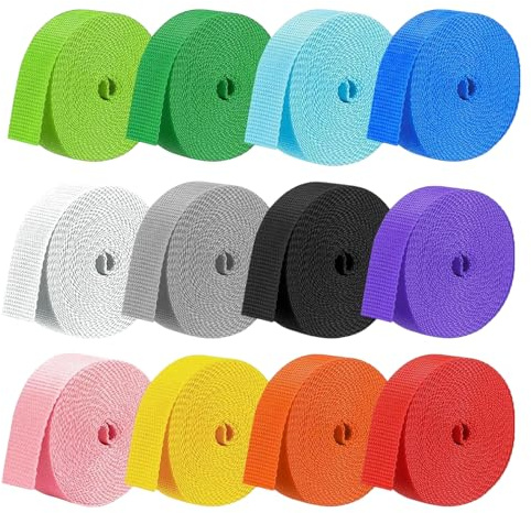12 Stück Bunte Polypropylen Gurtband 25 mm x 5 m, Einfassband zum Nähen 12 Mixed Farbe Webband bunt Breit Schrägband für Rucksäcke Nähen Taschenband DIY Basteln