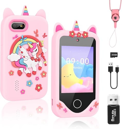 Comius Sharp Smartphone de Juguete para Niños, Juguetes para Niñas de 3-4 Años, Cámara para Niños con 32GB Tarjeta, Teléfono Móvil de Juguete Unicornio Regalo para Niños 3-9 Años Niñas (A)