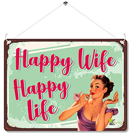 Kruzroyal MP015 Wandschild Happy Wife Happy Life, Retro, Vintage, Metall, 20 x 15 cm