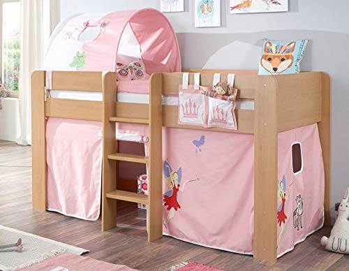 Froschkönig24 Hochbett ANDI 2 Kinderbett Spielbett halbhohes Bett Buche Stoffset Prinzessin, Matratze:ohne