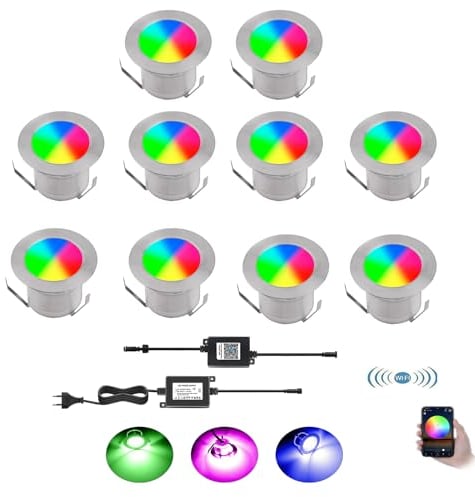 YZGWZLD WIFI Terrassen Einbaustrahler Terrassenbeleuchtung 10er Set LED Bodeneinbaustrahler RGB IP67 wasserdicht für außen innen Garten Holzbrücke Pool Holzdeck inkl. 12V Netzteil mini Einbauspots