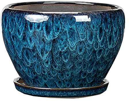 BUNCC Pot De Fleur en Céramique Bleu Paon Moderne Style Nordique - Semoir D'intérieur avec Trou De Drainage Et Soucoupe Amovible