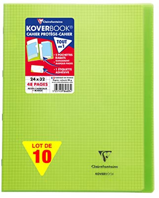 Clairefontaine 984603C Un Lot de 10 Cahiers Agrafés Koverbook Verts - 24x32 cm - 48 Pages Petits Carreaux avec Marge - Papier Blanc 90 g - Couverture Polypro