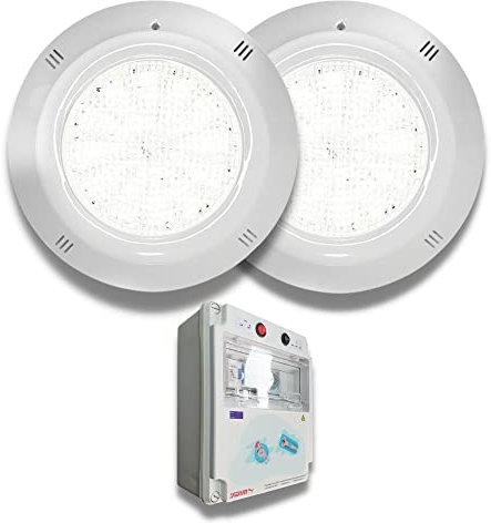 SWIMHOME Pack Iluminación Piscina | 2 Focos LED de Superficie + Control Remoto ON/Off + Cuadro Eléctrico | ABS Blanco Resistente | Ø29 cm 35W 12V/AC Blanco Frío 6000k