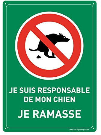AUA SIGNALETIQUE - Panneau Prépercé (4 Trous) avec Angles arrondis - PVC Rigide 1.5 mm - (150x210 mm, Déjection Canine - Je Ramasse)