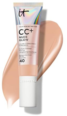 IT Cosmetics CC+ Nude Glow (Neutral Medium) - Medium Coverage Foundation with SPF 40 & Brightening Glow Serum, Lightweight Skin Tint, 2% Niacinamide + Hyaluronic Acid, Up to 24H Hydration - 1.08 fl oz