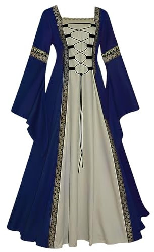 Feynman - Robe femme médiévale, à manches trompettes - Reine victorienne - Robe maxi, de Renaissance gothique - Costume de Carnaval, Halloween, Fête, Princesse - Bleu foncé - L