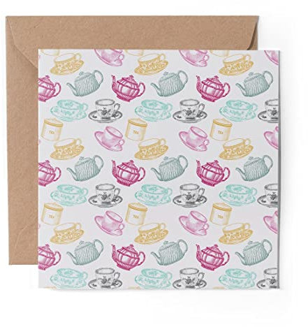 1 x Greeting Card Cute Retro Teacup Party Teapot Tea - Blank Birthday Celebration Anniversary #8714