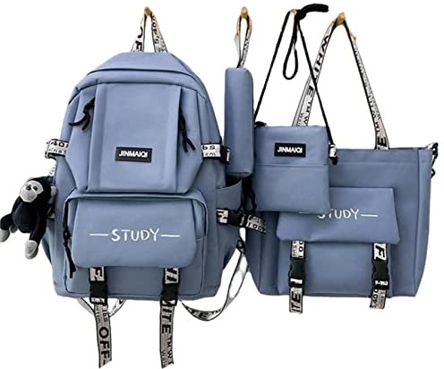 BLULOO Schulranzen 4 In 1 Schul Rucksack Set Schultasche Für Teenager Mädchen Jungen Reise Backbag Student Canvas Bookbag Rucksack Trend-Blue