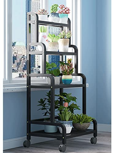 Soporte de flores rodante, estante de exhibición de escalera de jardinera de flores de 4 niveles,soporte de macetas de interior/exterior para jardín de balcón |Estante de metal inoxidable para plantas