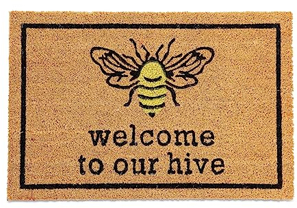 Relaxdays Fußmatte, Bienen-Design, Spruch Beehive, Kokos, rutschfeste Türmatte, 60 x 40 cm, Schmutzmatte, Mehrfarbig