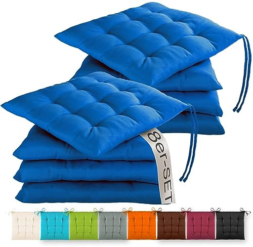 Gräfenstayn® 8er-Set Sitzkissen 40x40x3cm mit Haltebändern für Indoor und Outdoor mit Öko-Tex Siegel - (Blau)
