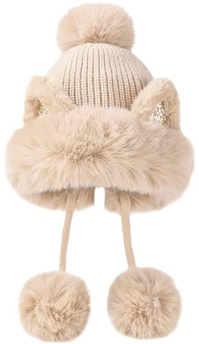 Malaxlx Damen Wintermütze Beige Katzenohren Peruanische Mütze Strickmütze Warme Winter Beanie Mütze Fellmütze Pelzmütze Bommelmütze Plüsch Ohrenklappe Mütze
