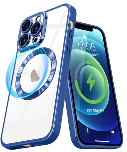 Pepmune Magnetic Case for iPhone 12 Pro Max Compatible with MagSafe Wireless Charging and Camera Lens Protector, Clear Plating Bumper Shockproof TPU Full Protective,Blue