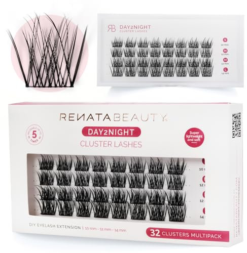 Renata Beauty Day2Night Faux Cils Cluster - Multipack 32 pièces, Longueurs Mixtes (10-14mm), Courbe C, Longue Tenue, Facile à Appliquer, Réutilisables