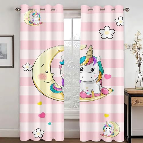 WEQEER Vorhänge Blickdicht Einhorn Verdunklungsgardine Karikatur Rosa Pferd Kinder Fenstervorhang Regenbogen Wolken drucken Vorhang für Kinderzimmer (9,280x245cm(2x140x245cm))