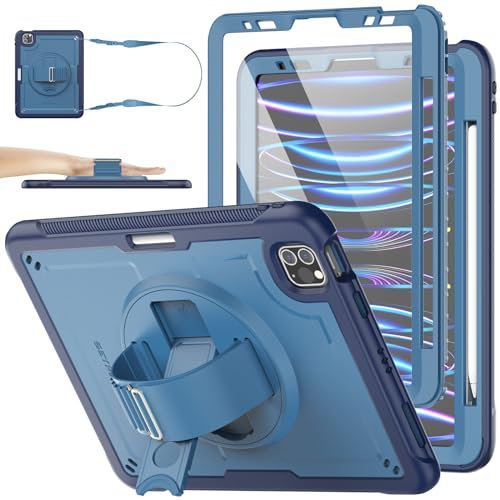 SEYMAC stock Case for iPad Pro 11 & Air 4th/5th Generation 10.9 Inch, Shockproof Case with Screen Protector, Rotating Hand Strap/Stand, Shoulder Strap, Wireless Charging Pencil Slot, Dark Blue