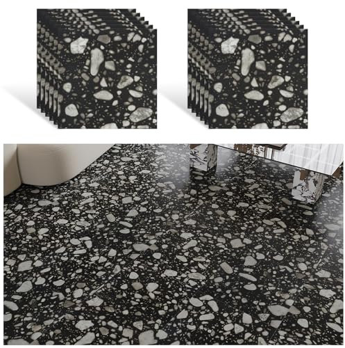 VEELIKE Pavimento PVC Adesivo Effetto Granito Nera Piastrelle Adesive Pavimento Bagno Piastrelle Adesive Cucina Pavimento in PVC Effetto Terrazzo Nero Pavimento Garage 1.5mm 30cm×30cm 12 Pezzi